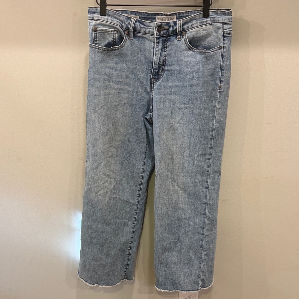 Tribal Light Blue Cropped wide leg Jeans frayed hem.